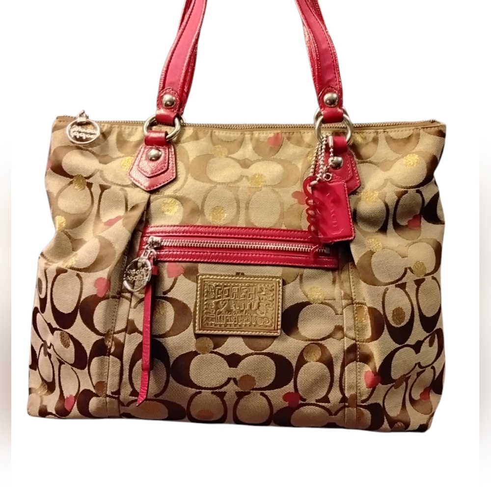 Coach Poppy Secret Admirer Signature Tan and Red Patent Leather Bag.